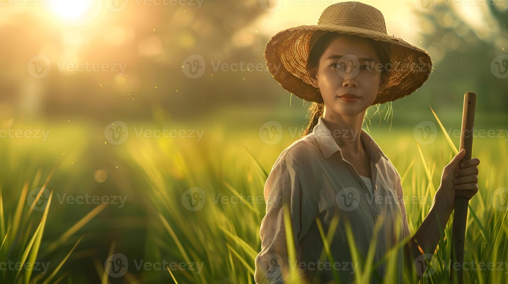 A woman in a straw hat stands in a field photo