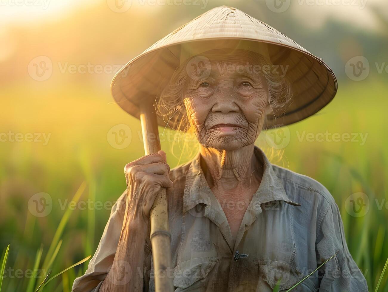 An elderly woman in a hat stands in a rice field photo