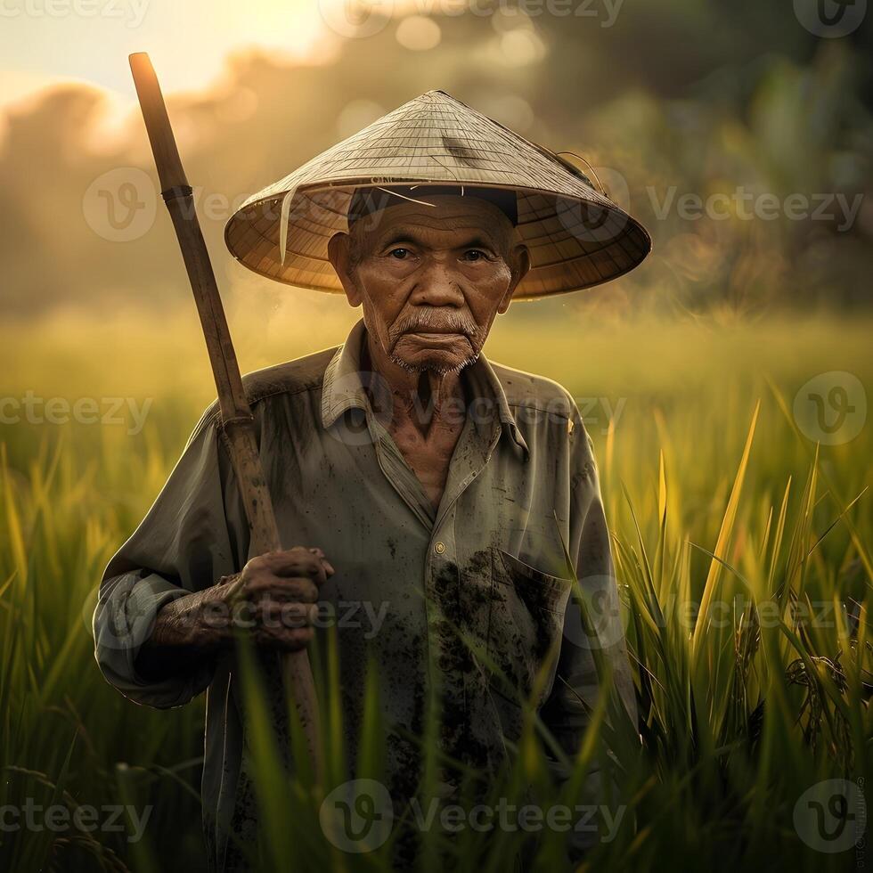 An old man in a rice field with a stick photo