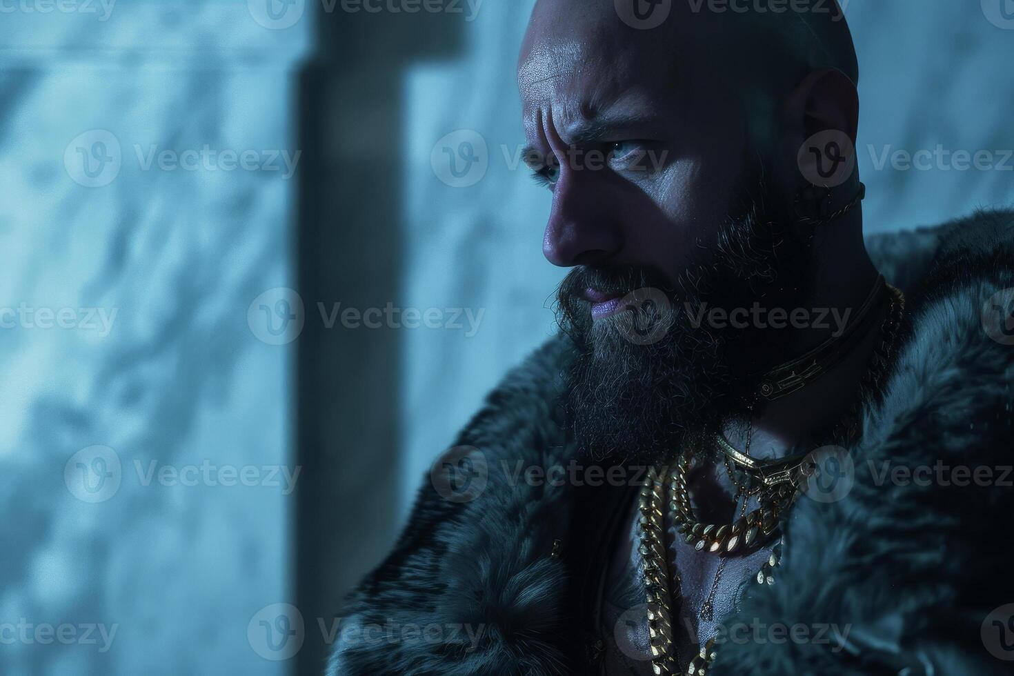 A bald man with a beard and gold chains photo