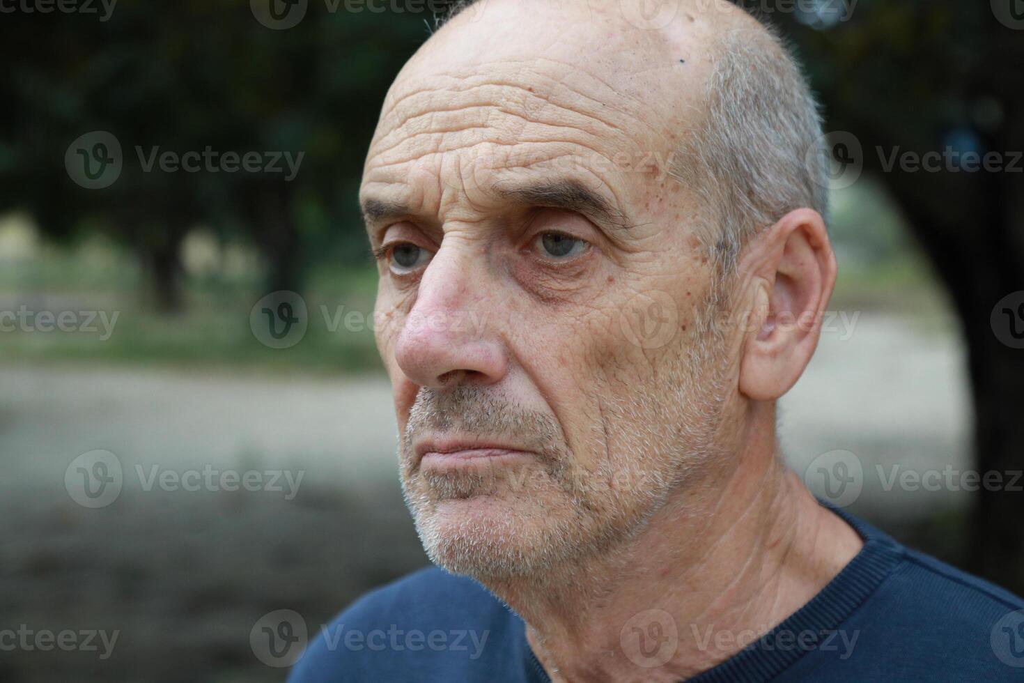 Serious Elderly Bald Man Looks Around Seated in Nature Park photo