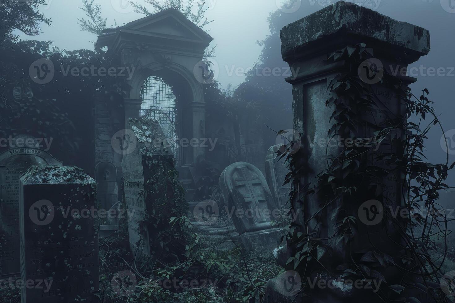 An old graveyard with tombstones and trees photo
