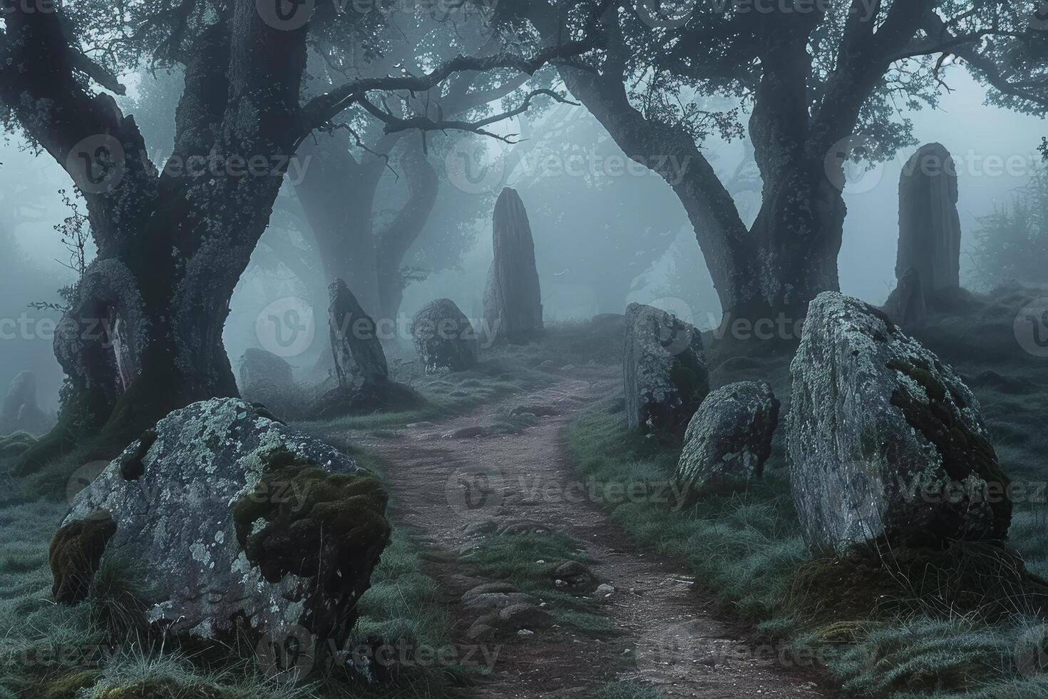 A path through the woods with stone circles photo