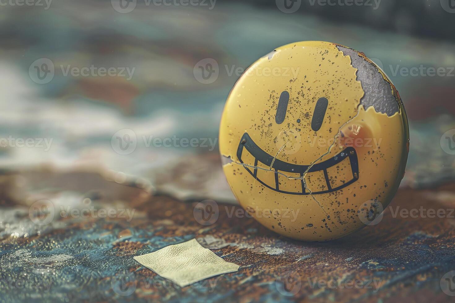 A yellow smiley face button on a table photo