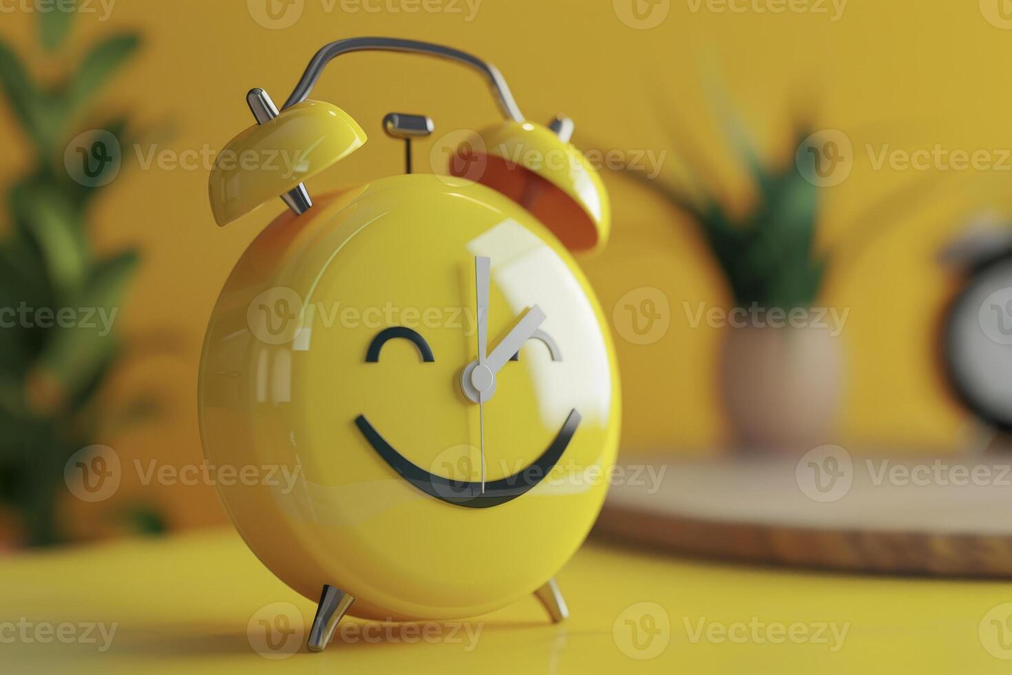 A yellow alarm clock with a smiley face on it photo