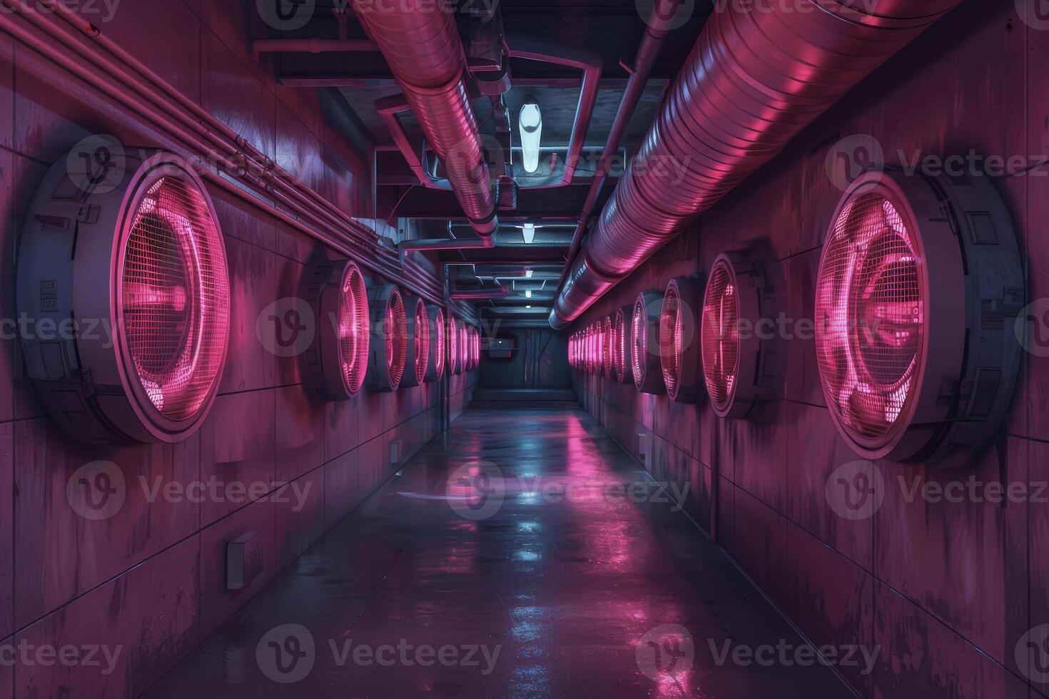A long hallway with neon lights and red lights photo
