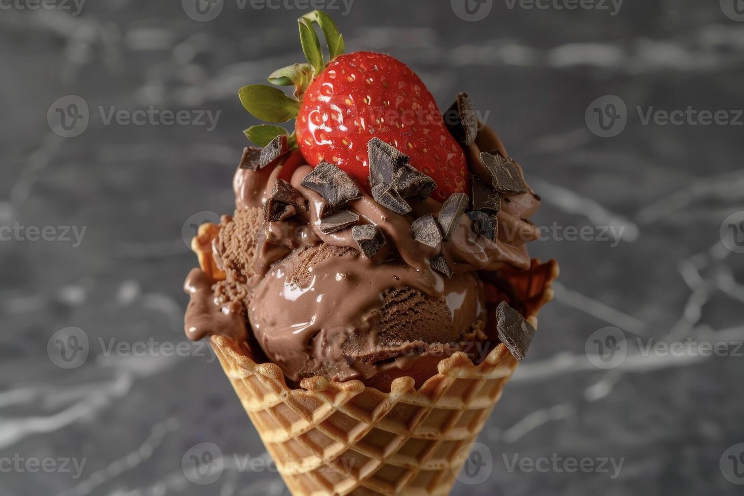 Chocolate ice cream with strawberry and chocolate chips photo