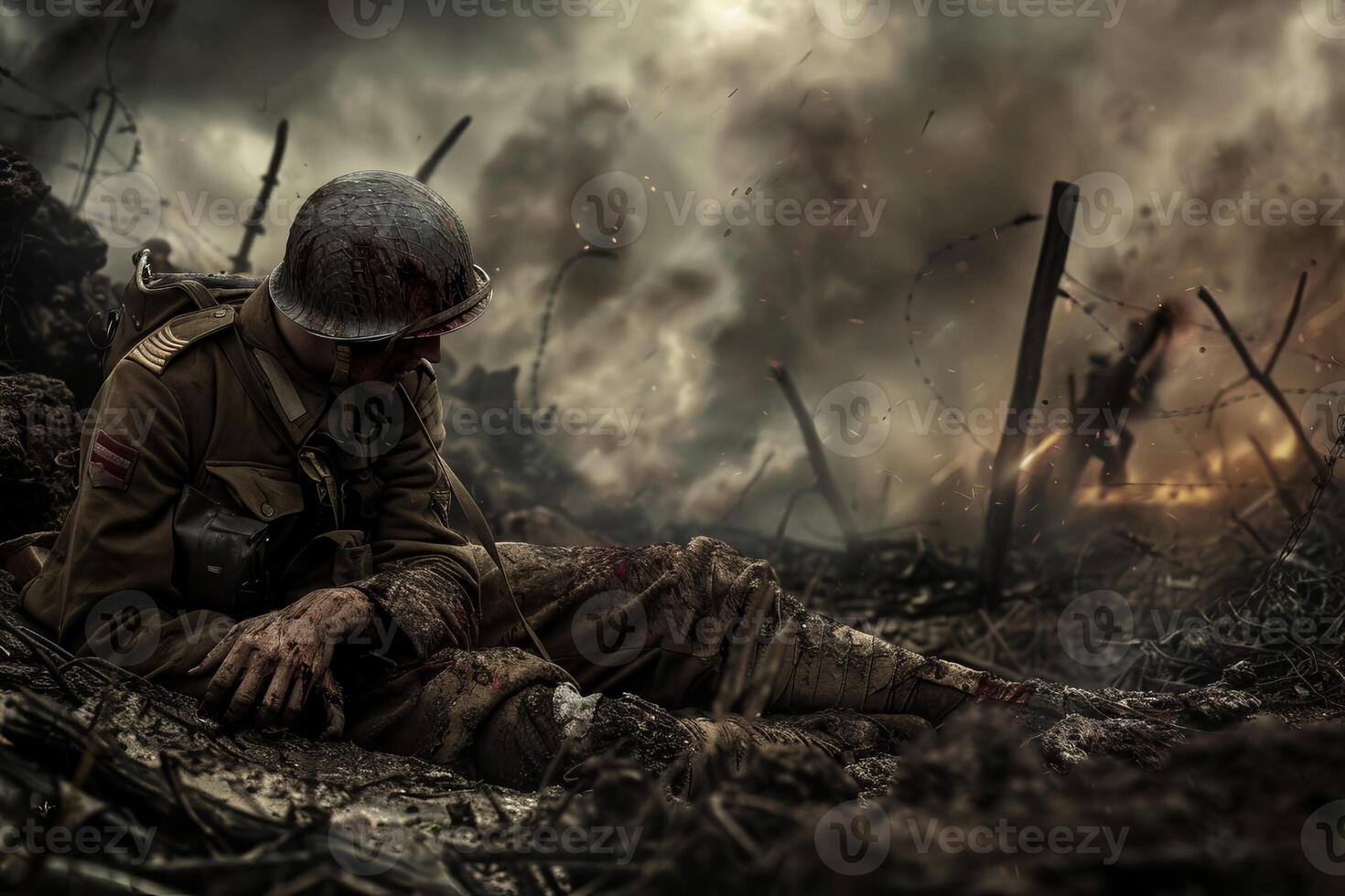 A soldier laying on the ground in a field photo