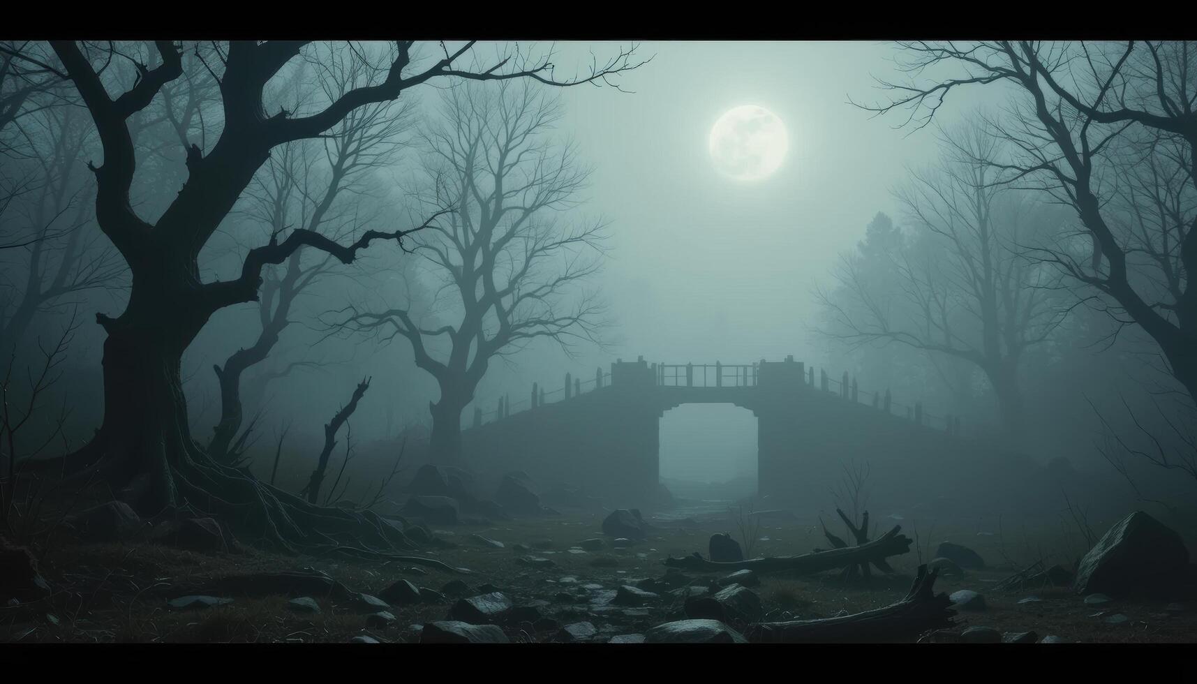A bridge in the middle of a dark forest photo