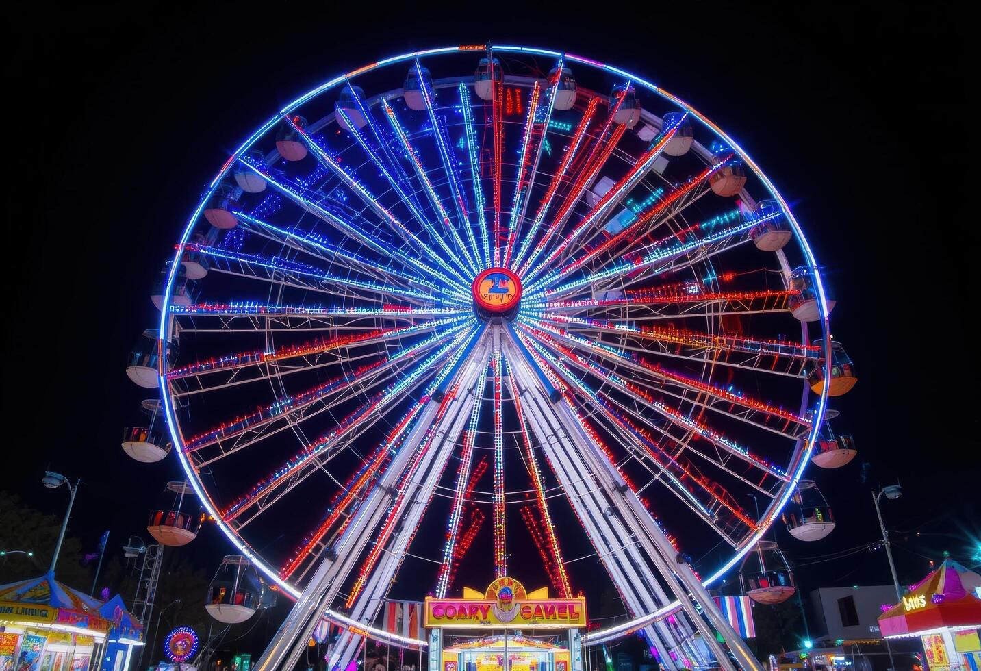 A ferris wheel at night with colorful lights photo