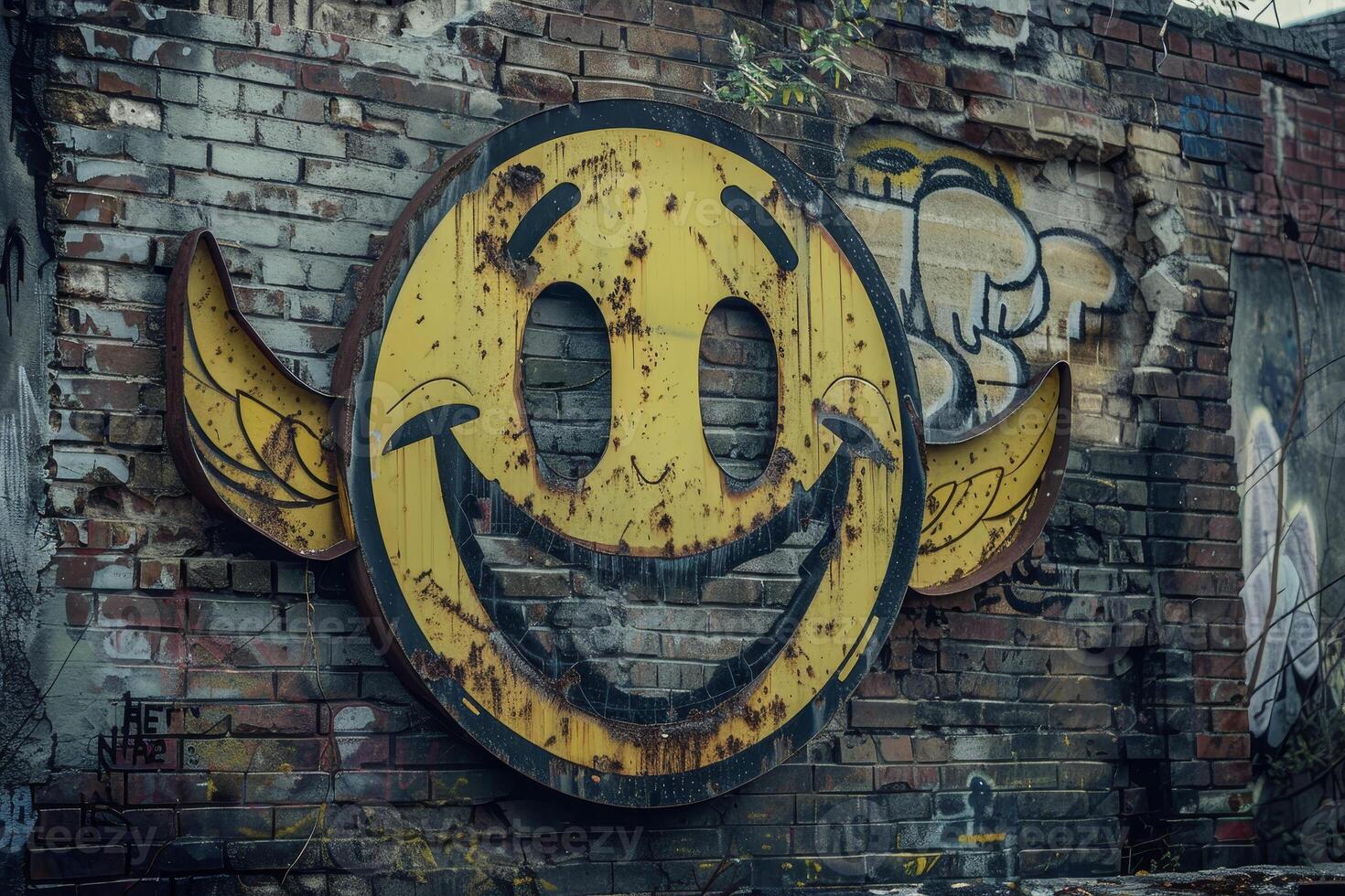 A yellow smiley face painted on a brick wall photo