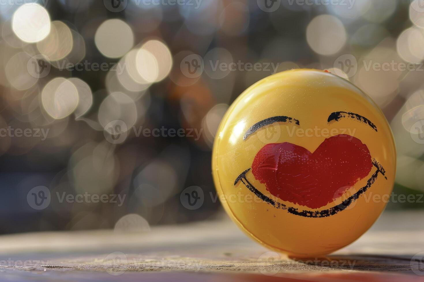 A yellow smiley face with a heart painted on it photo