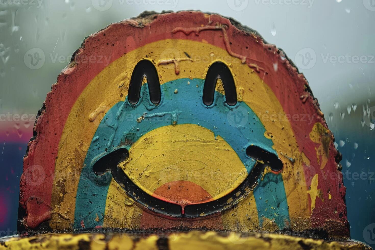 Rainbow smiley face on a wooden pole photo