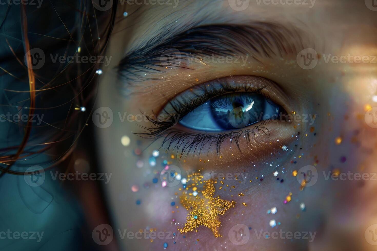 A close up of a girl's eye with glitter on it photo
