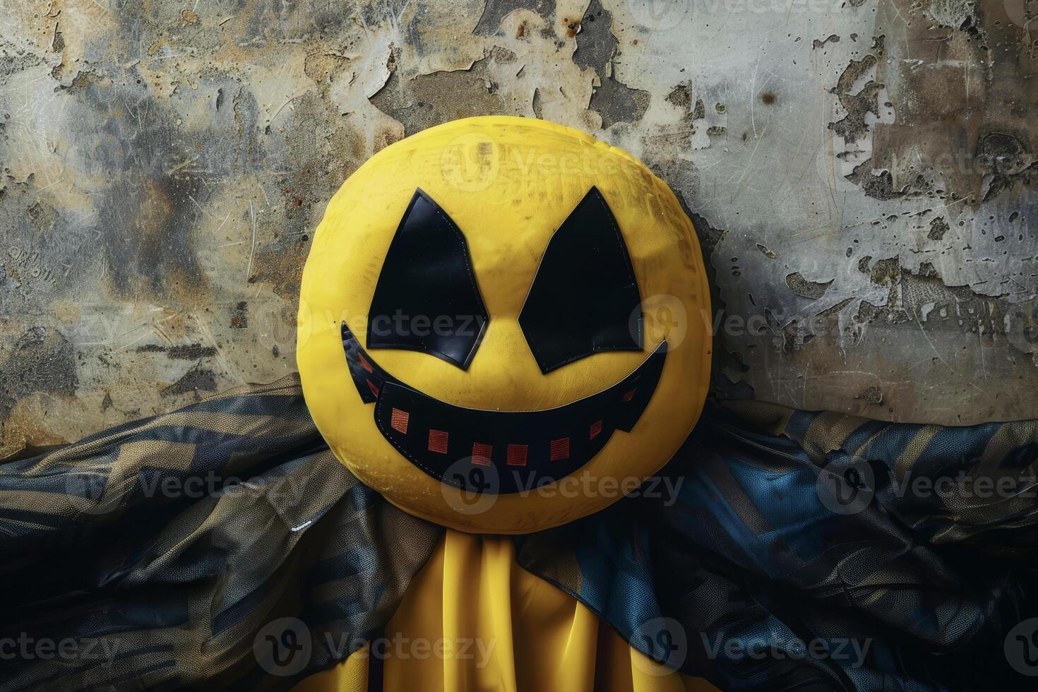 A yellow mask with black eyes and a black hood photo