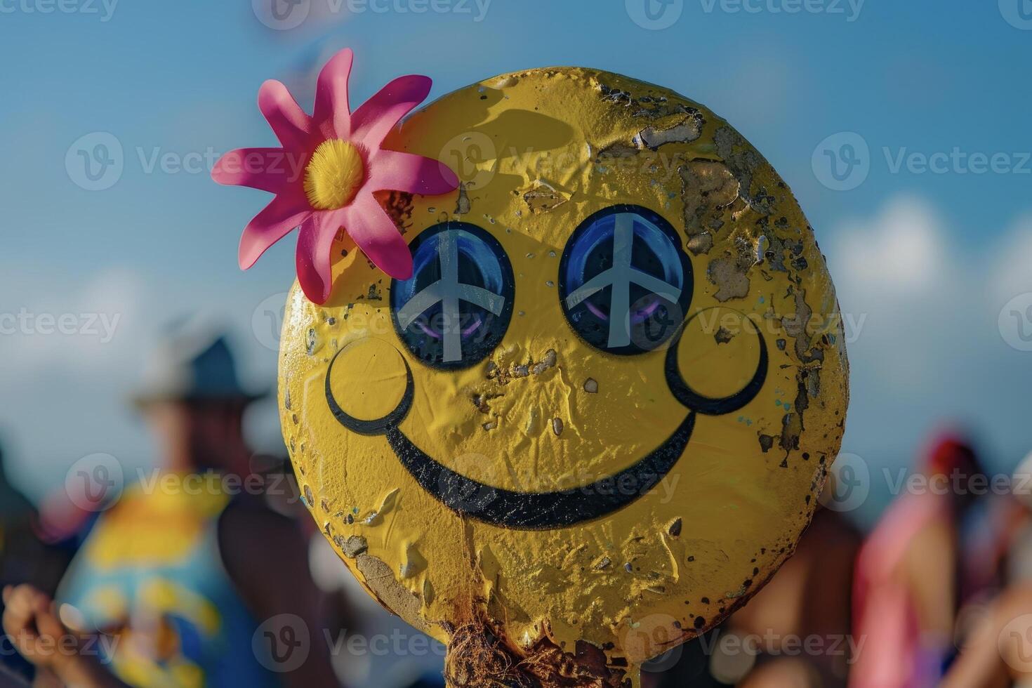 A smiley face with a flower on it at a festival photo