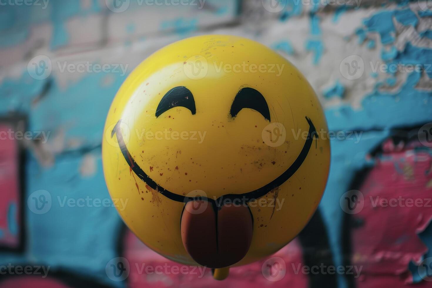 A yellow smiley face balloon with a tongue sticking out photo