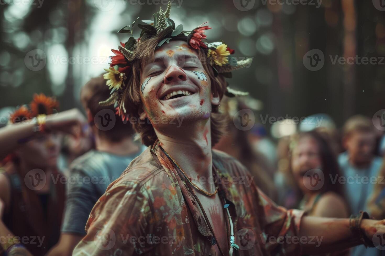 A man with a flower crown on his head at a music festival photo