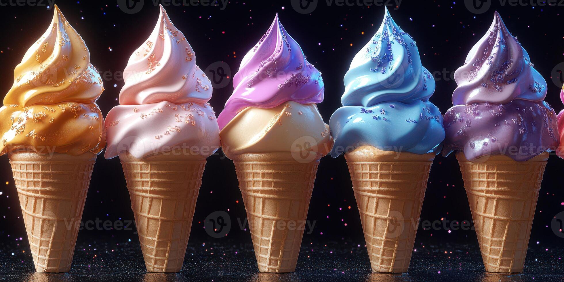 Colorful ice cream cones lined up against a dark background with shimmering effects photo