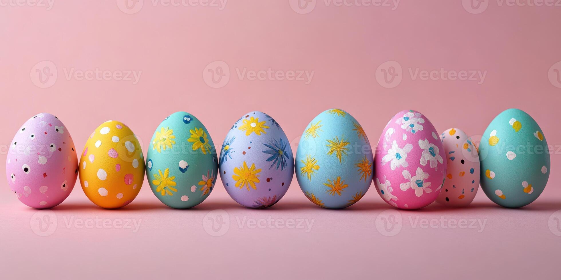 Colorful decorated eggs arranged in a row for festive celebration during spring season photo