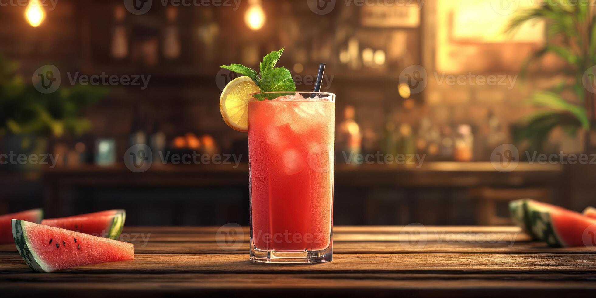 Refreshing watermelon cocktail served at a cozy bar with a rustic ambiance during a warm summer evening photo