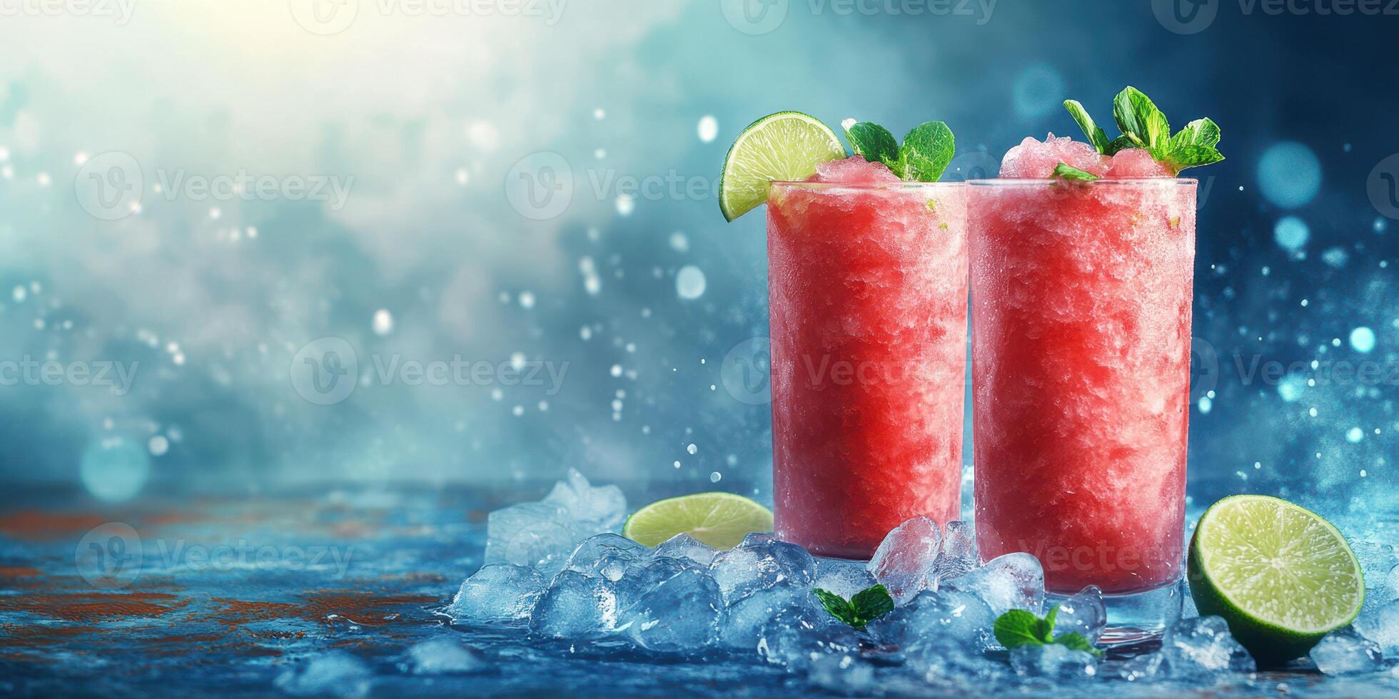 Refreshing frozen drinks with lime and mint served on a wooden table during a summer gathering photo