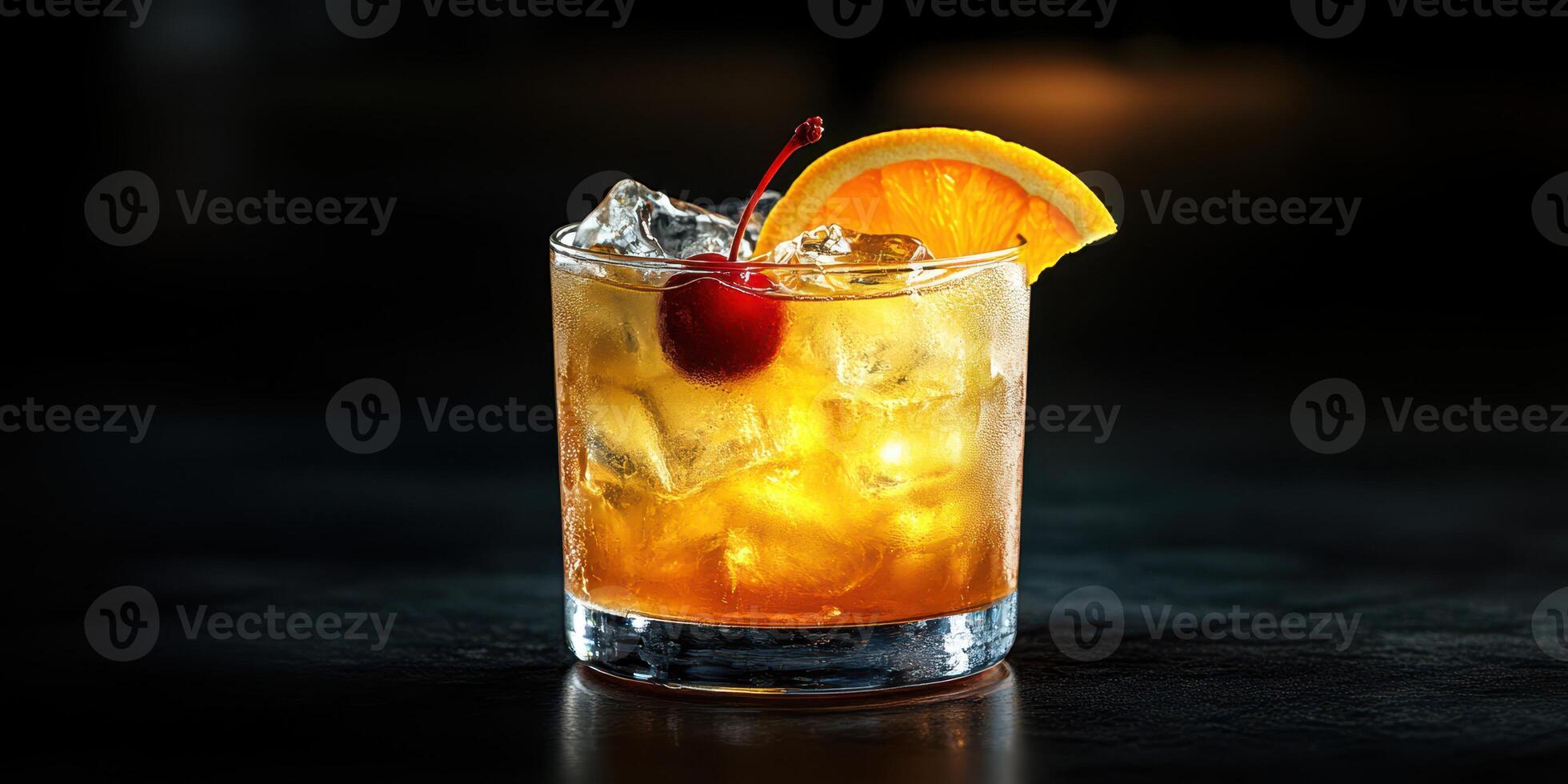 Refreshing cocktail served in a glass with ice, garnished with cherry and orange slice photo