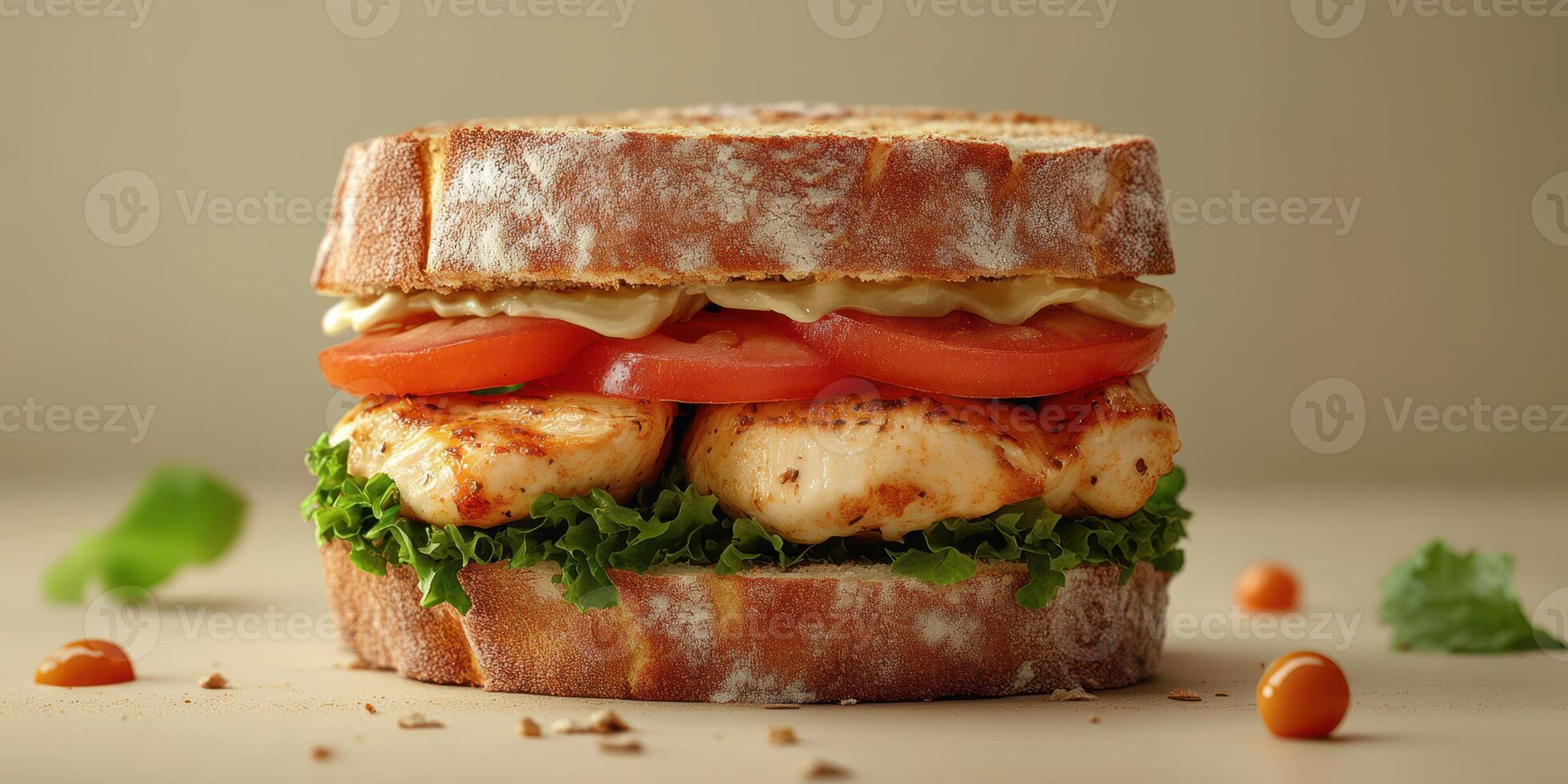 Delicious grilled chicken sandwich with fresh vegetables and sauce on rustic bread photo