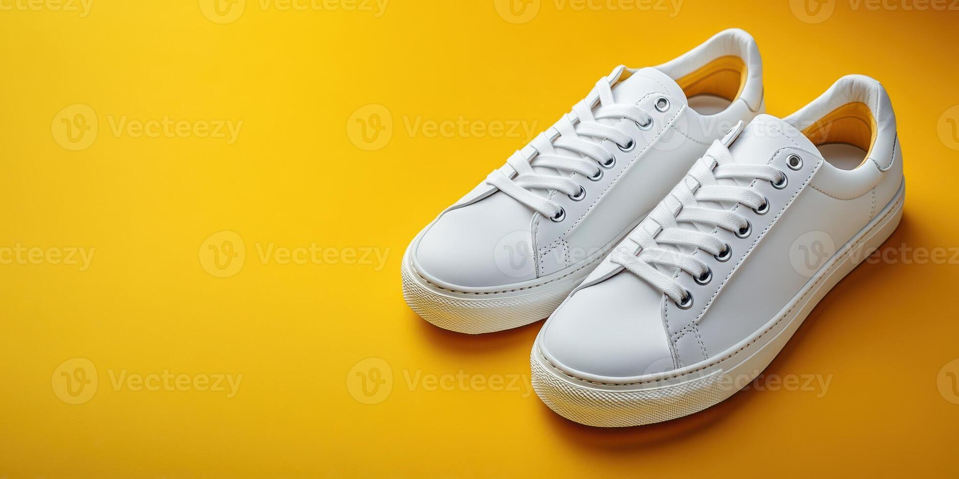 Stylish white sneakers on a vibrant yellow background showcasing sleek design and comfort for modern casual wear photo