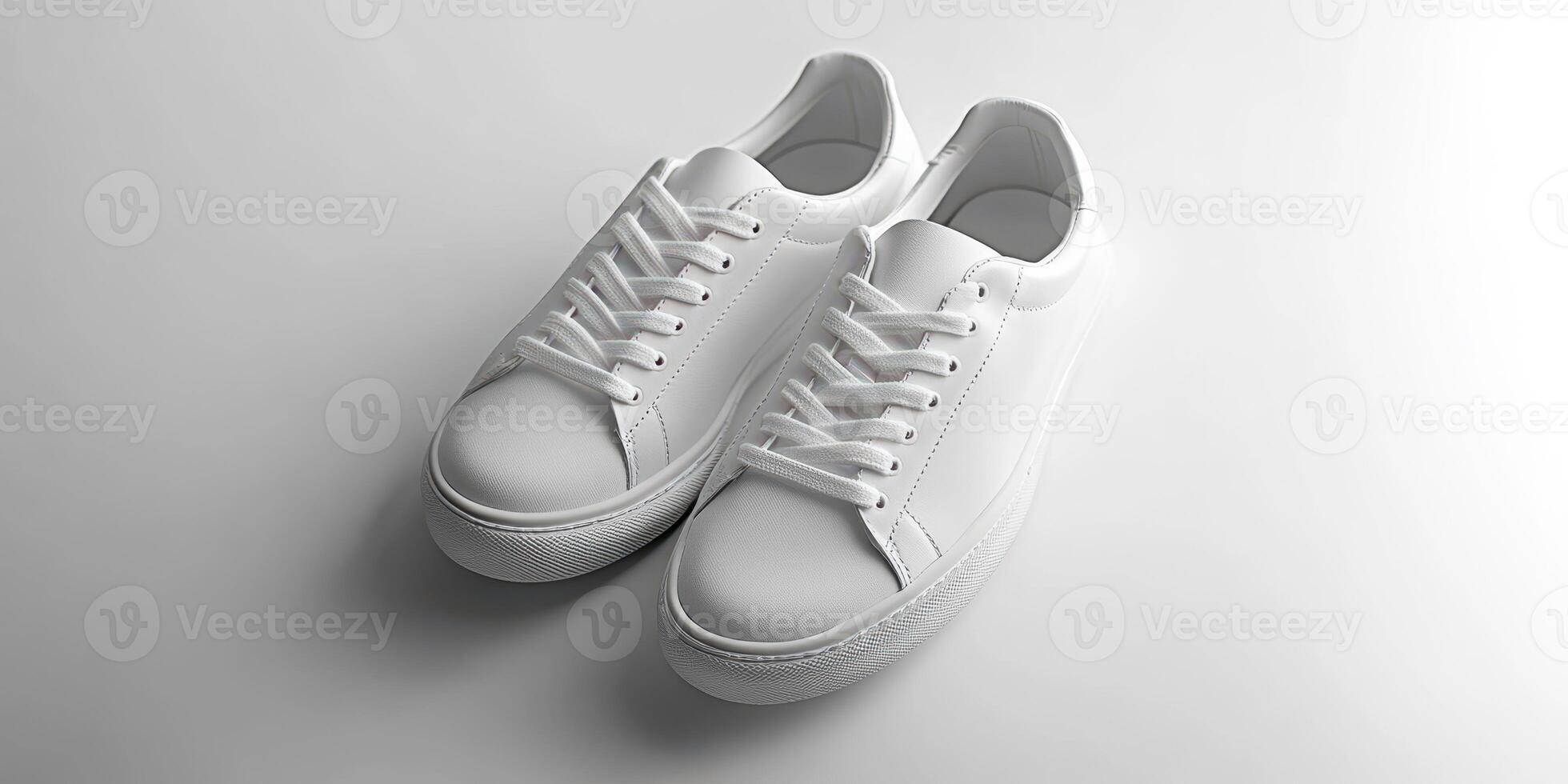 Fresh white sneakers displayed on a minimalist background, perfect for fashion enthusiasts and casual wear lovers photo