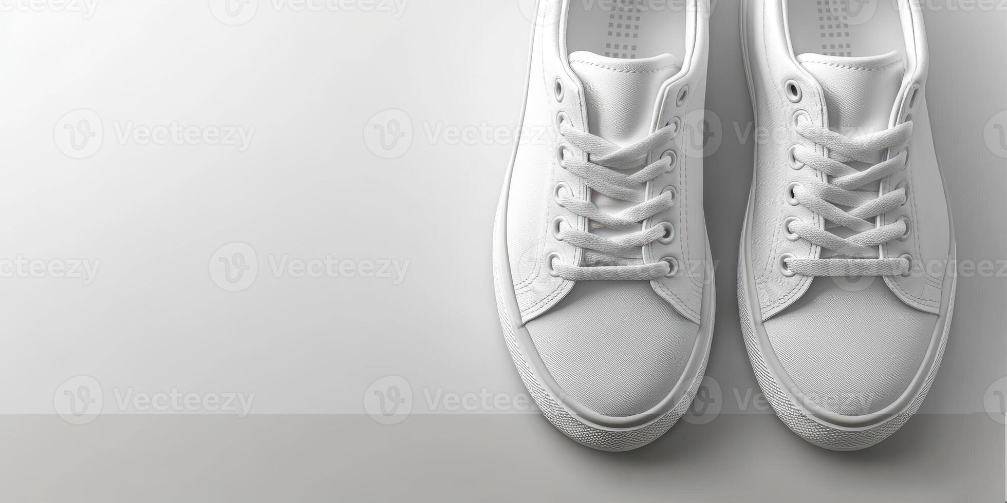 Fresh white sneakers arranged on a clean surface highlighting their design and texture in a minimalist setting photo