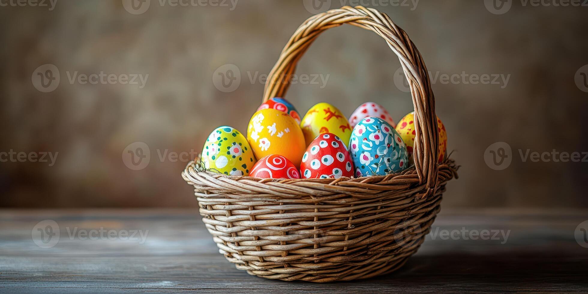 Colorful hand-painted Easter eggs in a woven basket on a rustic wooden table photo