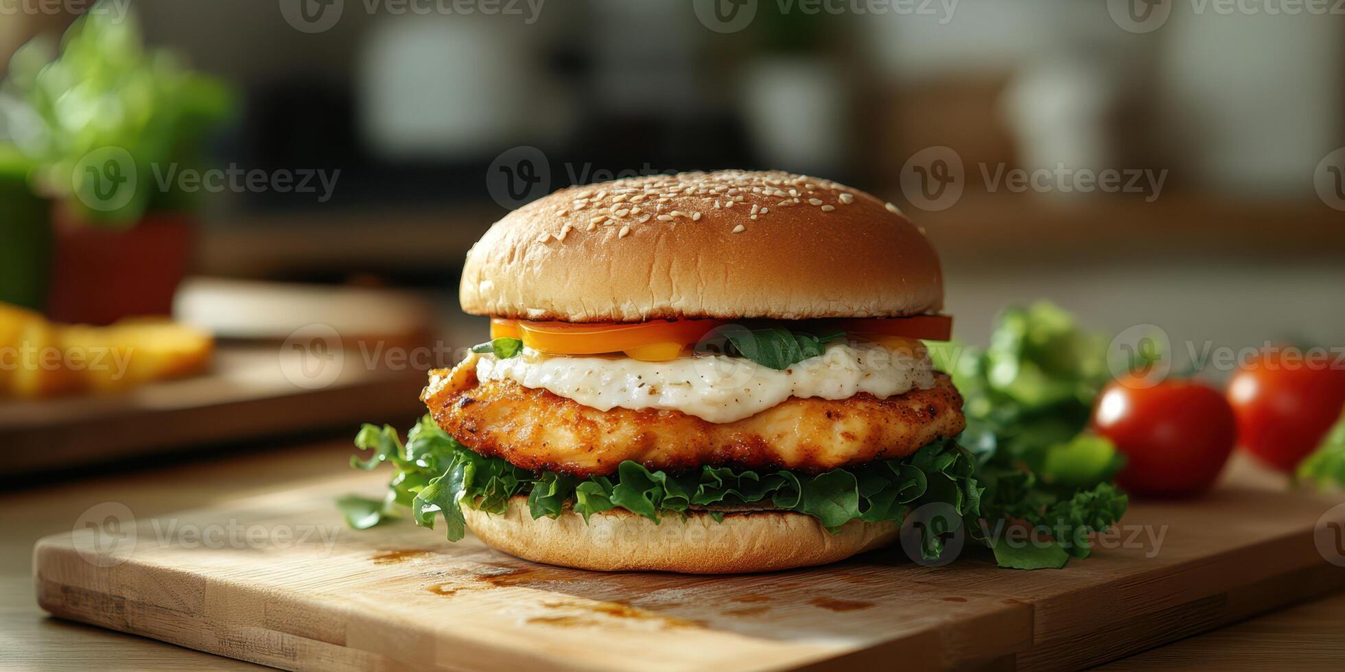 Delicious chicken burger with fresh ingredients served on a wooden board in a cozy kitchen setting photo