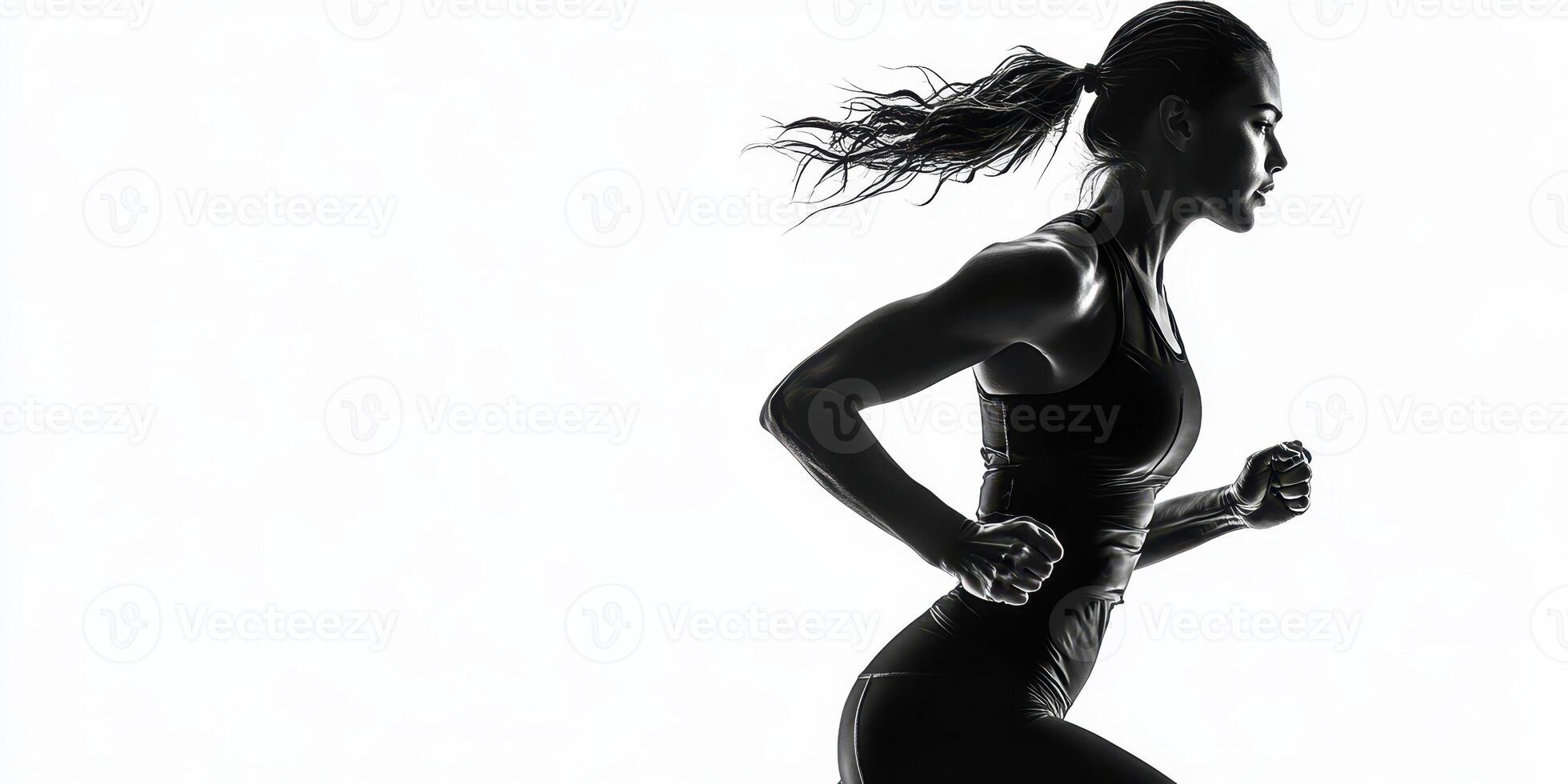 Dynamic silhouette of a woman running in an athletic pose against a light background showcasing strength and determination photo