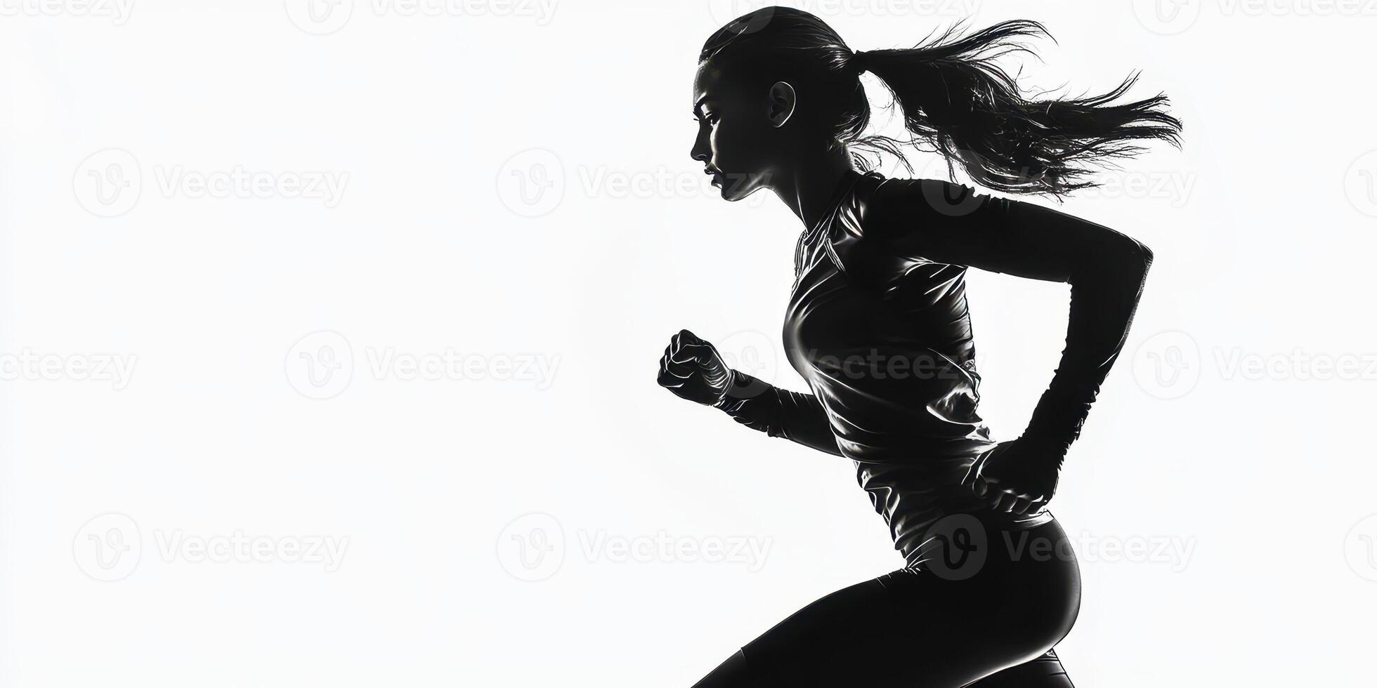 Dynamic silhouette of a woman running against a bright background during a fitness activity photo