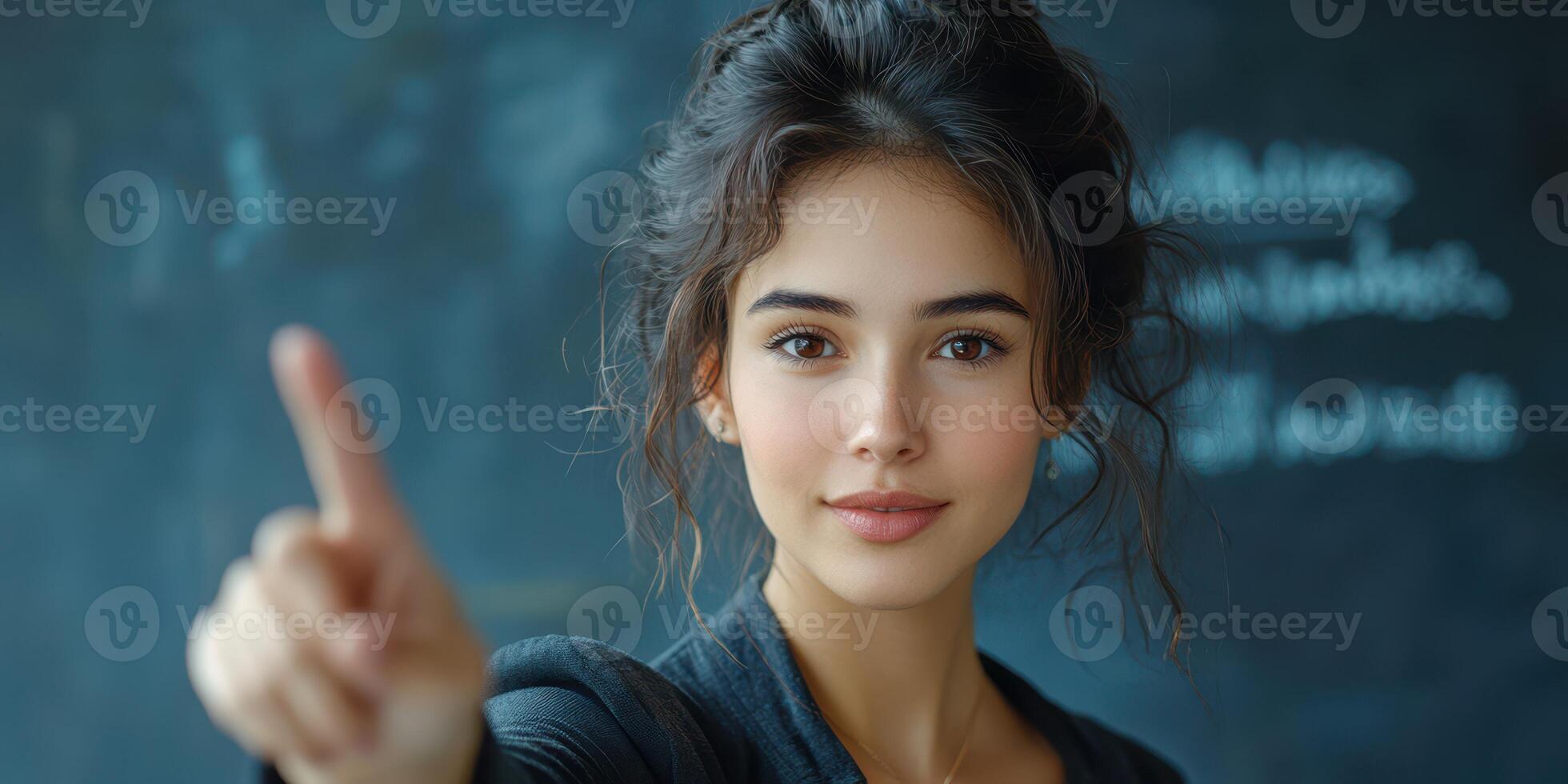 Engaging young woman gestures to emphasize a point in a classroom setting during a learning session photo