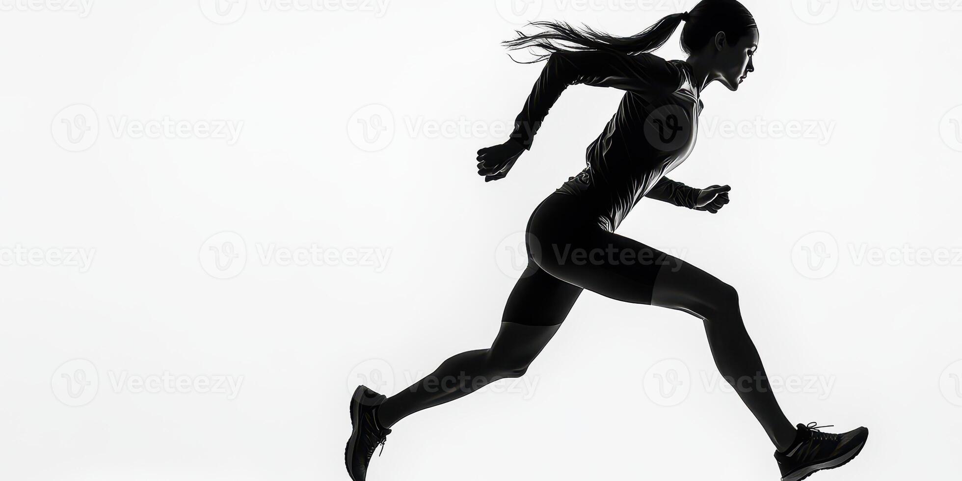 Dynamic woman running in silhouette during early morning hours on a plain background photo