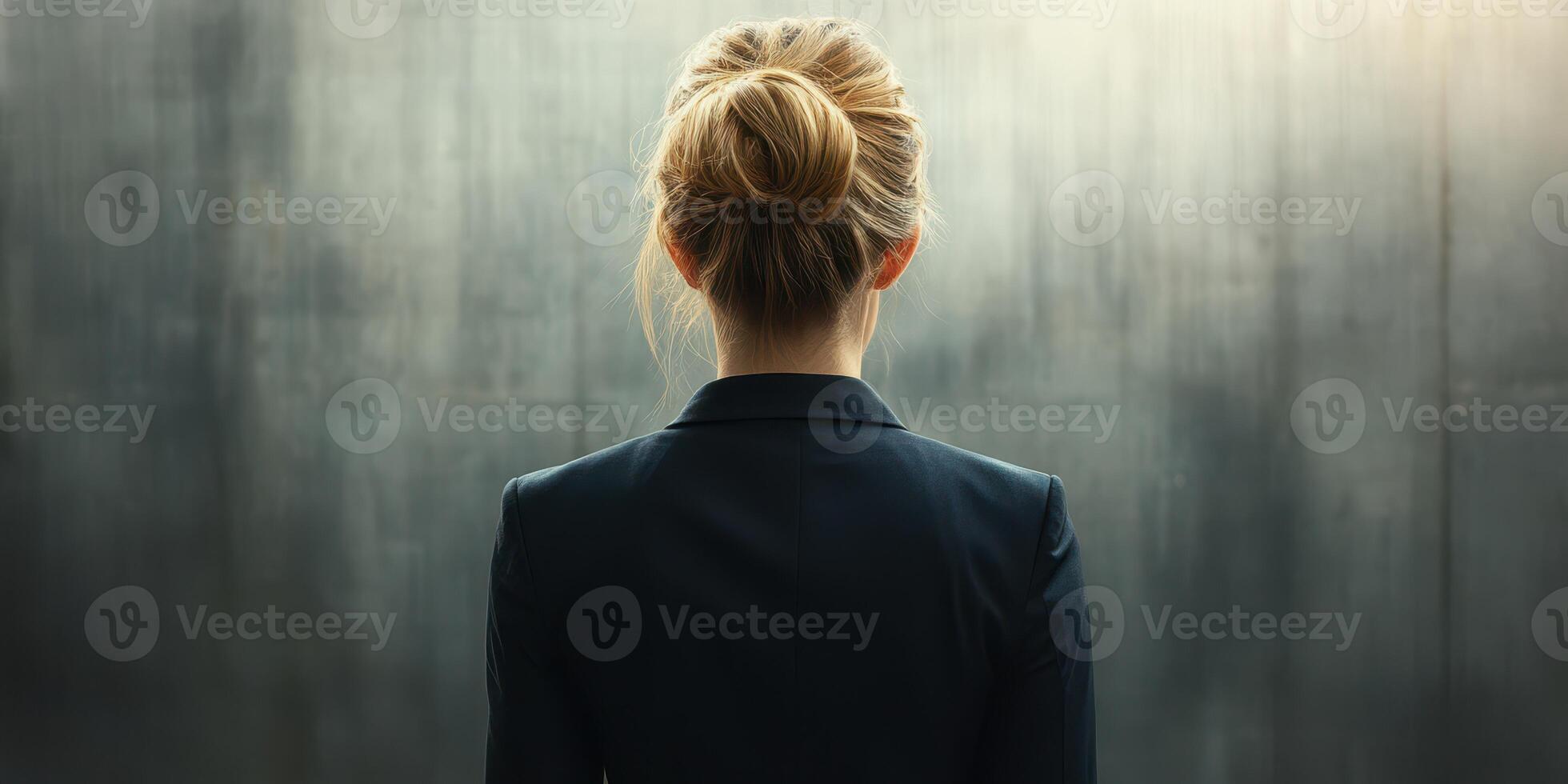 Businesswoman stands confidently before abstract wall in a modern office setting during the early morning hours photo