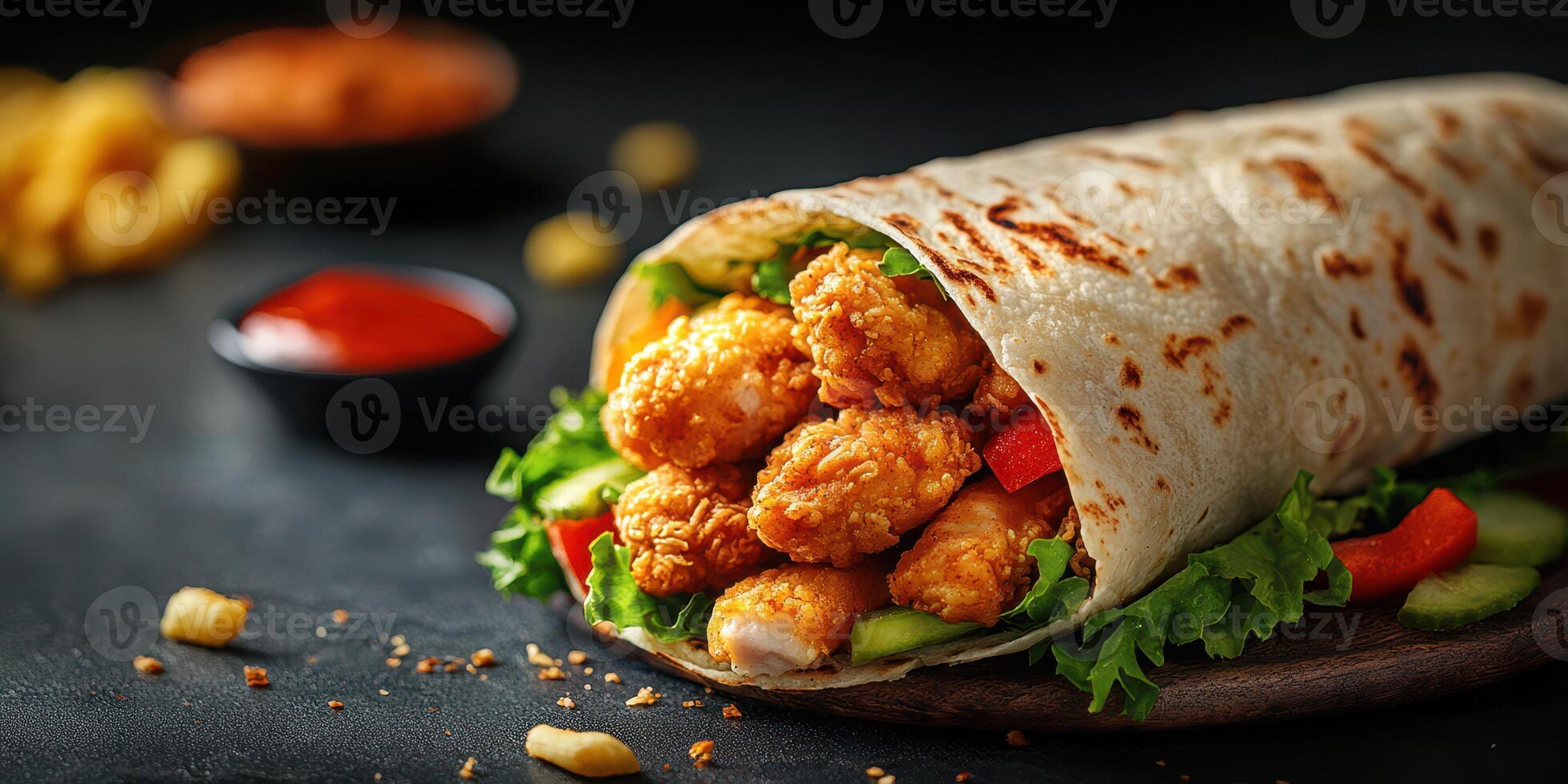Tasty wrap filled with crispy chicken, fresh vegetables, and flavorful sauce on a wooden plate photo