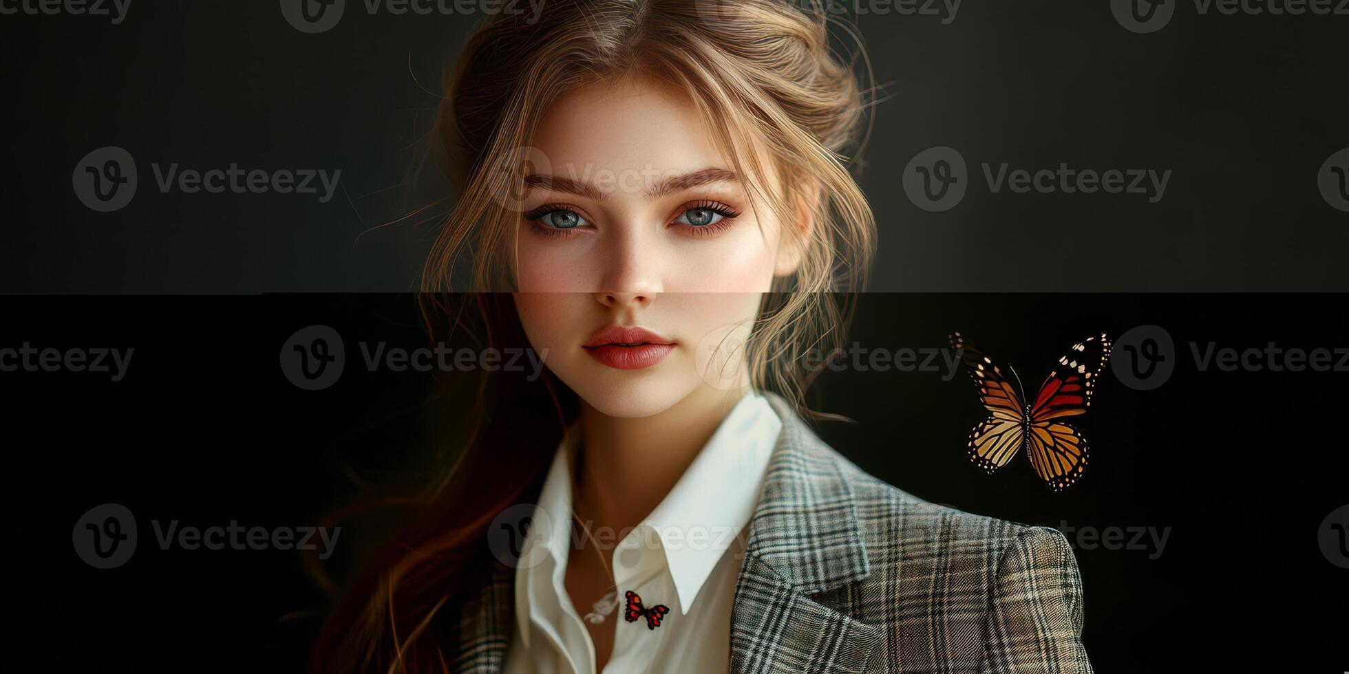 Elegant woman in a plaid suit with butterflies against a dark background in a studio setting photo
