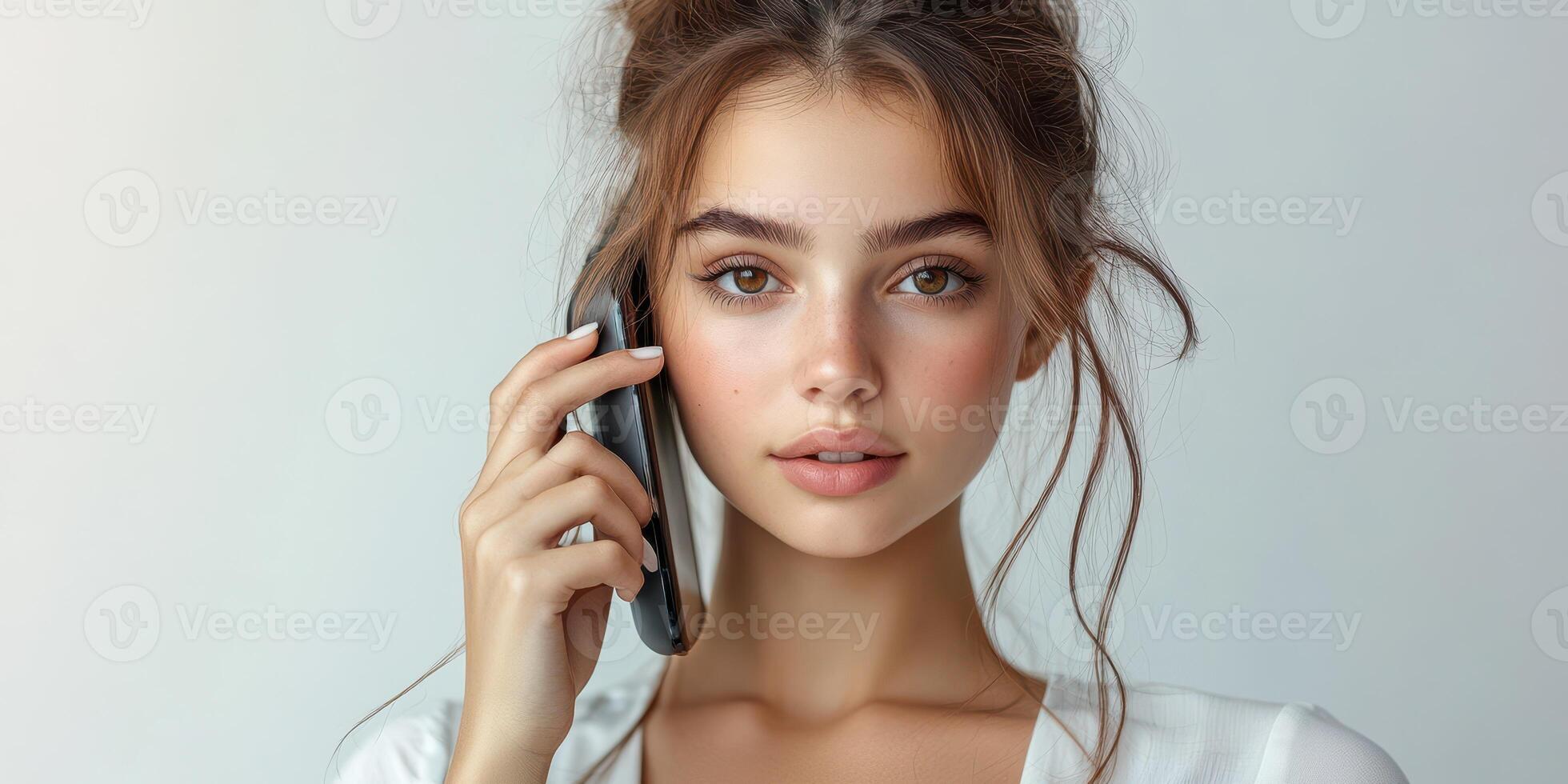 Portrait of a young woman holding a phone to her ear, softly smiling against a light background in a casual setting photo