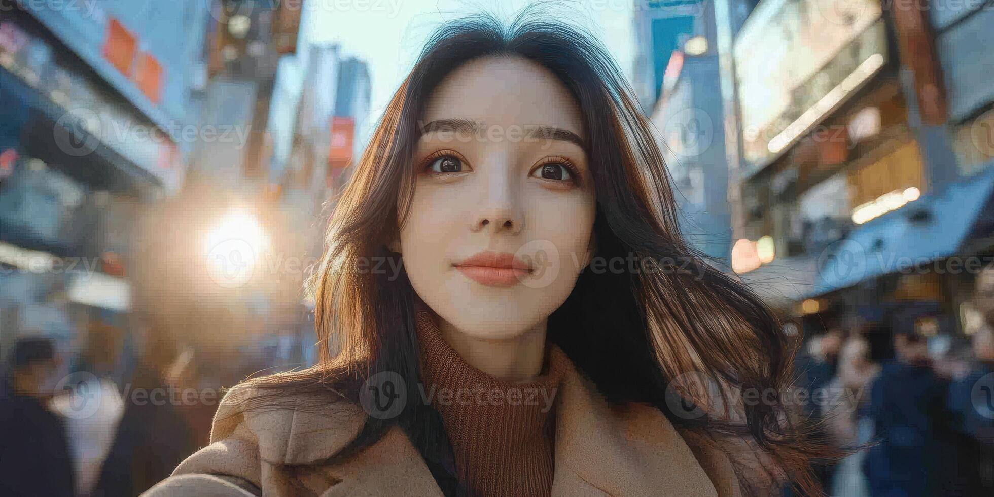 Young woman enjoys a vibrant city atmosphere in Tokyo during the late afternoon, showcasing urban life and excitement photo