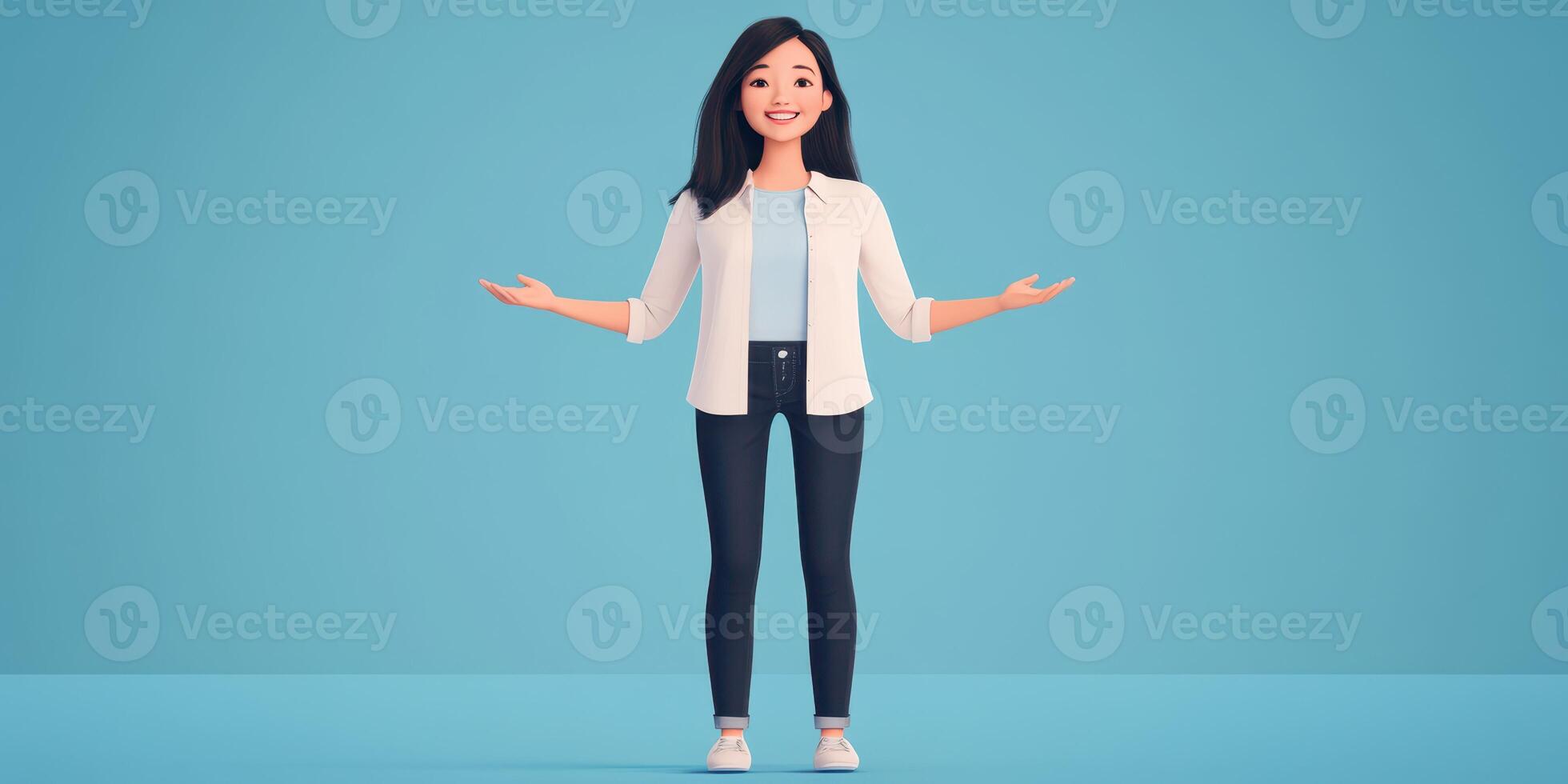 Animated character with an inviting expression standing on a blue background during a cheerful presentation photo