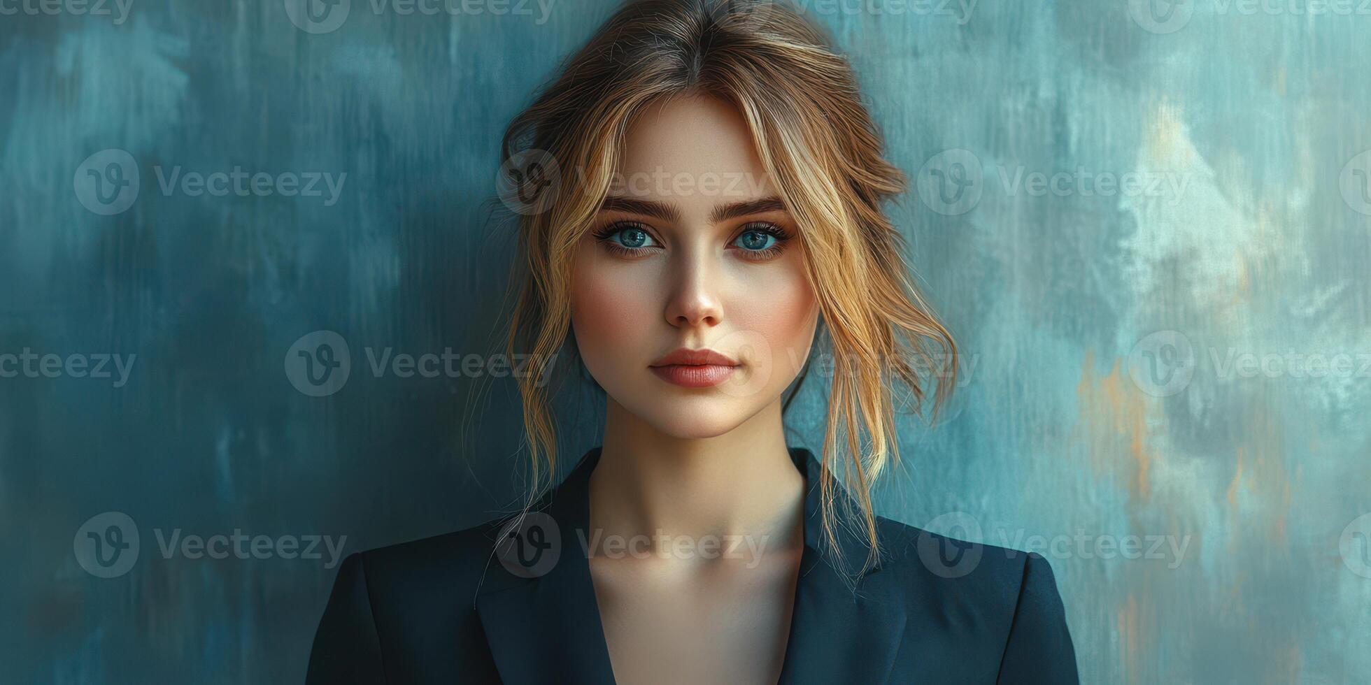 Portrait of a woman with striking blue eyes standing against a textured blue wall during daylight photo