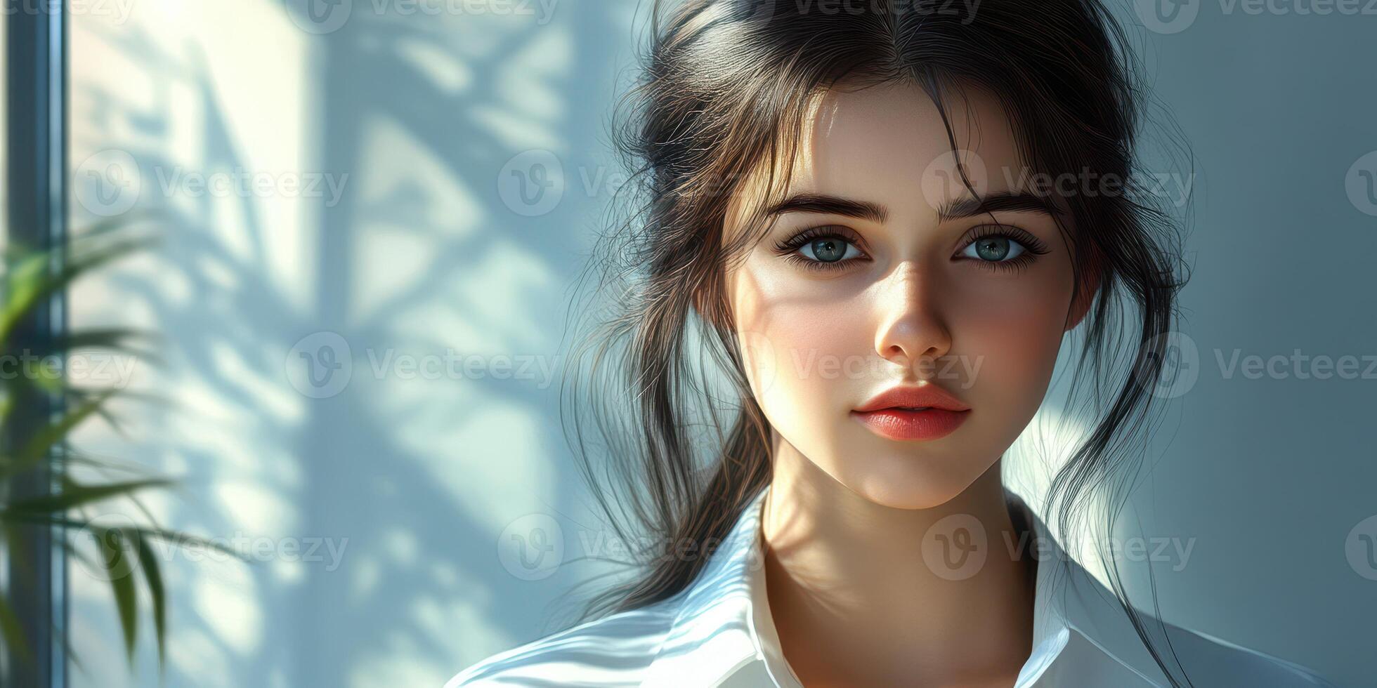 Young woman with captivating eyes sitting by a window, enjoying natural light and serenity in a modern setting photo