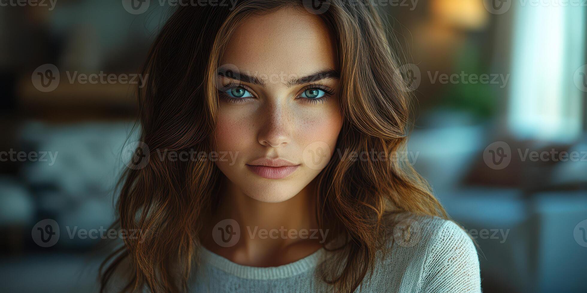 Intense gaze of a young woman with stunning blue eyes captured in a cozy indoor setting during daylight photo