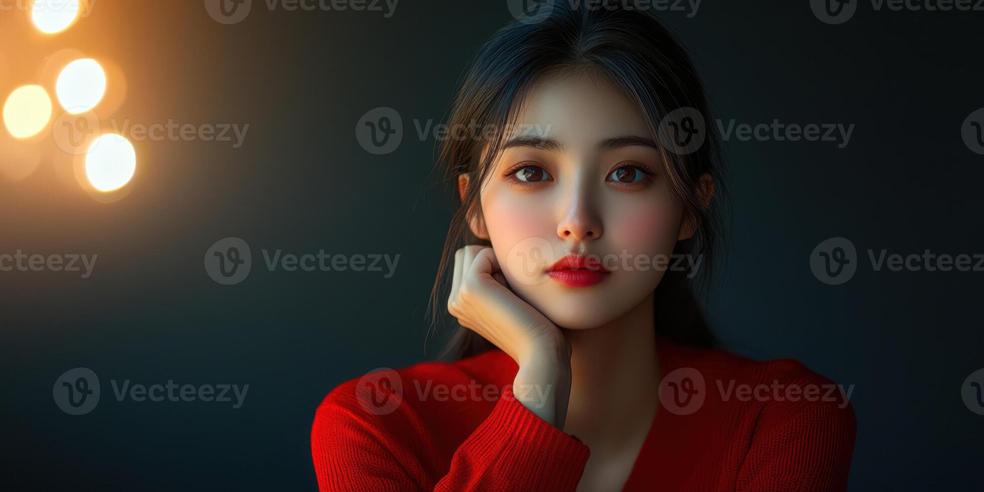 Portrait of a young woman in a red sweater with soft lighting and a thoughtful expression in an intimate setting photo