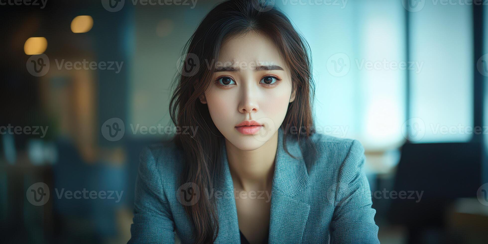 Woman sitting at a table in a modern office, looking thoughtful and serious during a late afternoon meeting photo