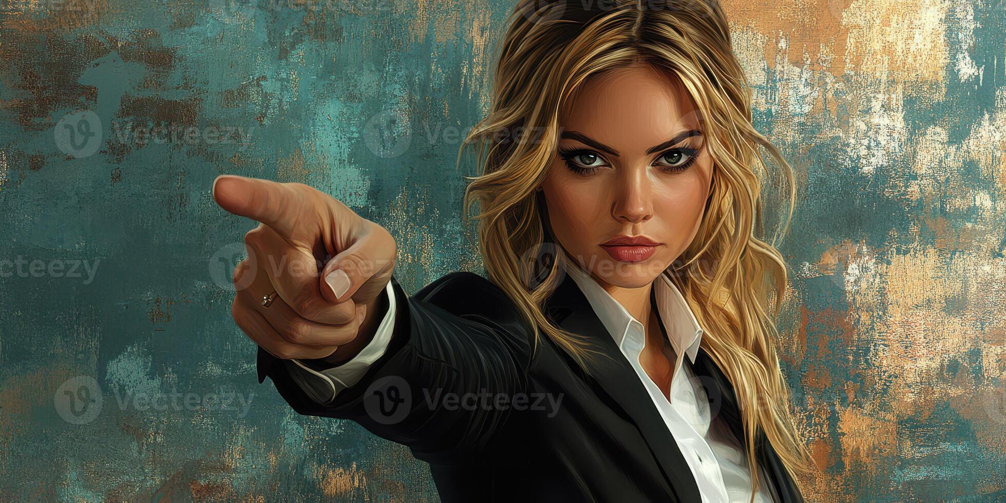 Confident woman in a tailored suit points assertively against a textured background during a dynamic and intense moment photo