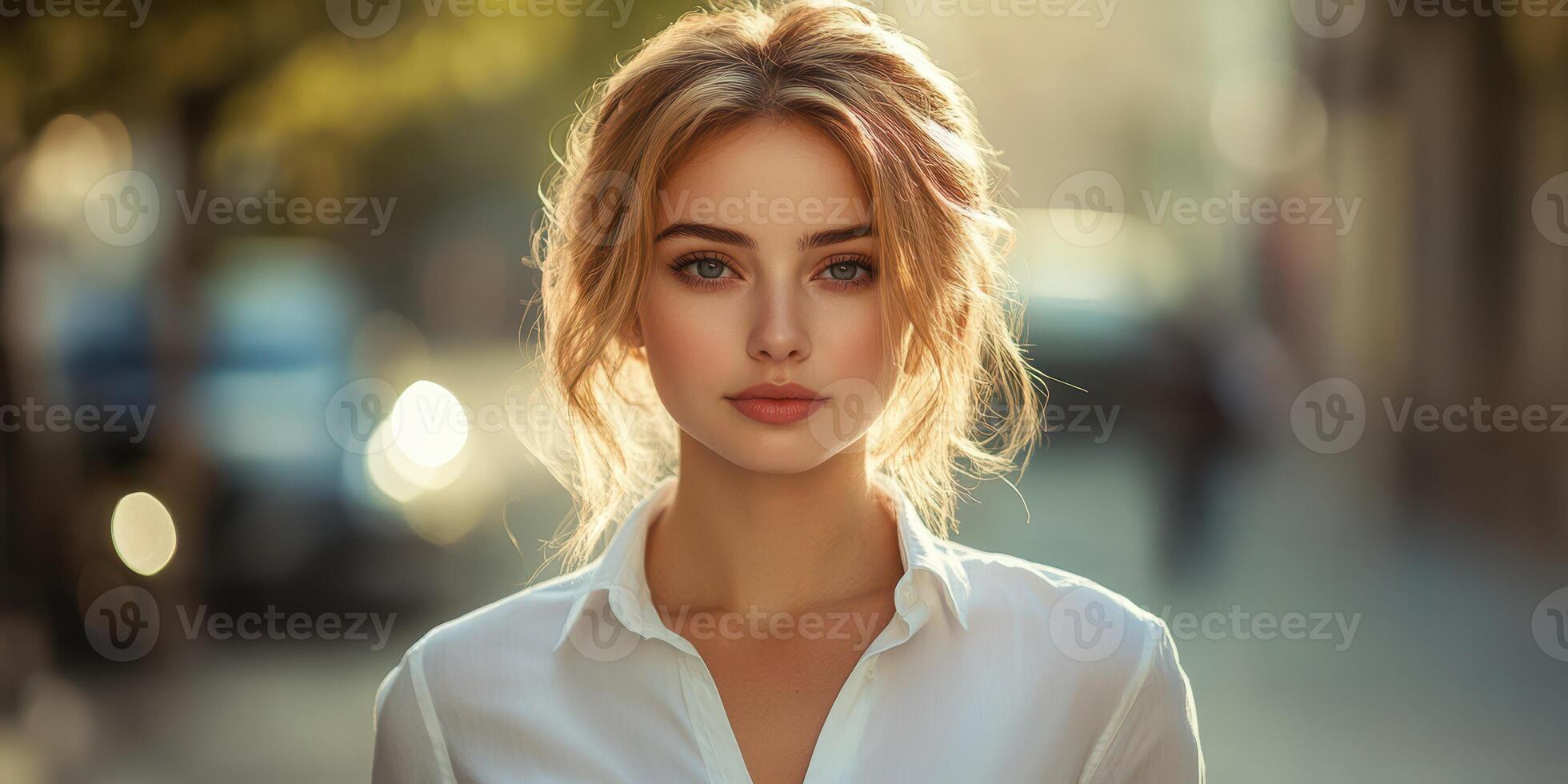 Young woman stands confidently on a sunlit city street during golden hour capturing the essence of urban life and beauty photo